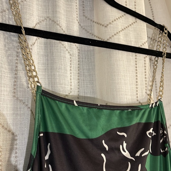 NWOT Women’s XS Maxi Dress Black/Green/White Chain Straps HIGH LEG SPLIT - Picture 4 of 9
